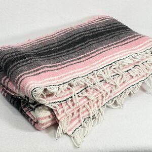 Mexican Falsa Woven Throw Blanket Pink, White, Gray Striped Serape Fringes 50x70